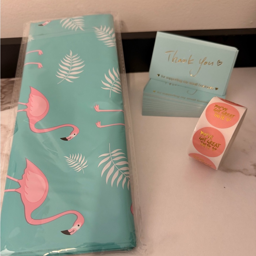 560pc Shipping Bundle-10 Turquoise Flamingo Polys (10X13) 500 stickers, 50 cards